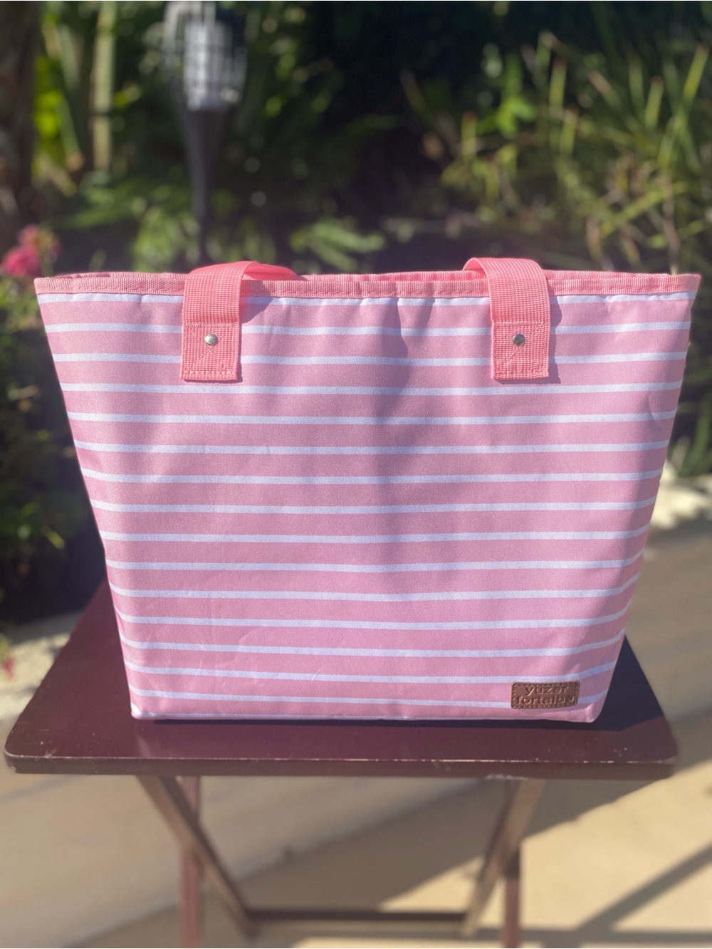 Striped Pink Insulated Tote Bag with Contrast Handles